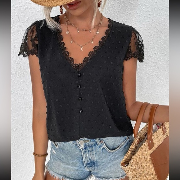 Elegant Sheer Mesh Swiss Dot Floral Lace Top Blouse Shirt Hot Pink - Picture 10 of 13